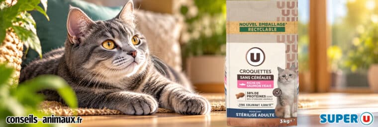 Super U - Croquettes chat stérilisé sans céréales au saumon frais, sac de 3 kg